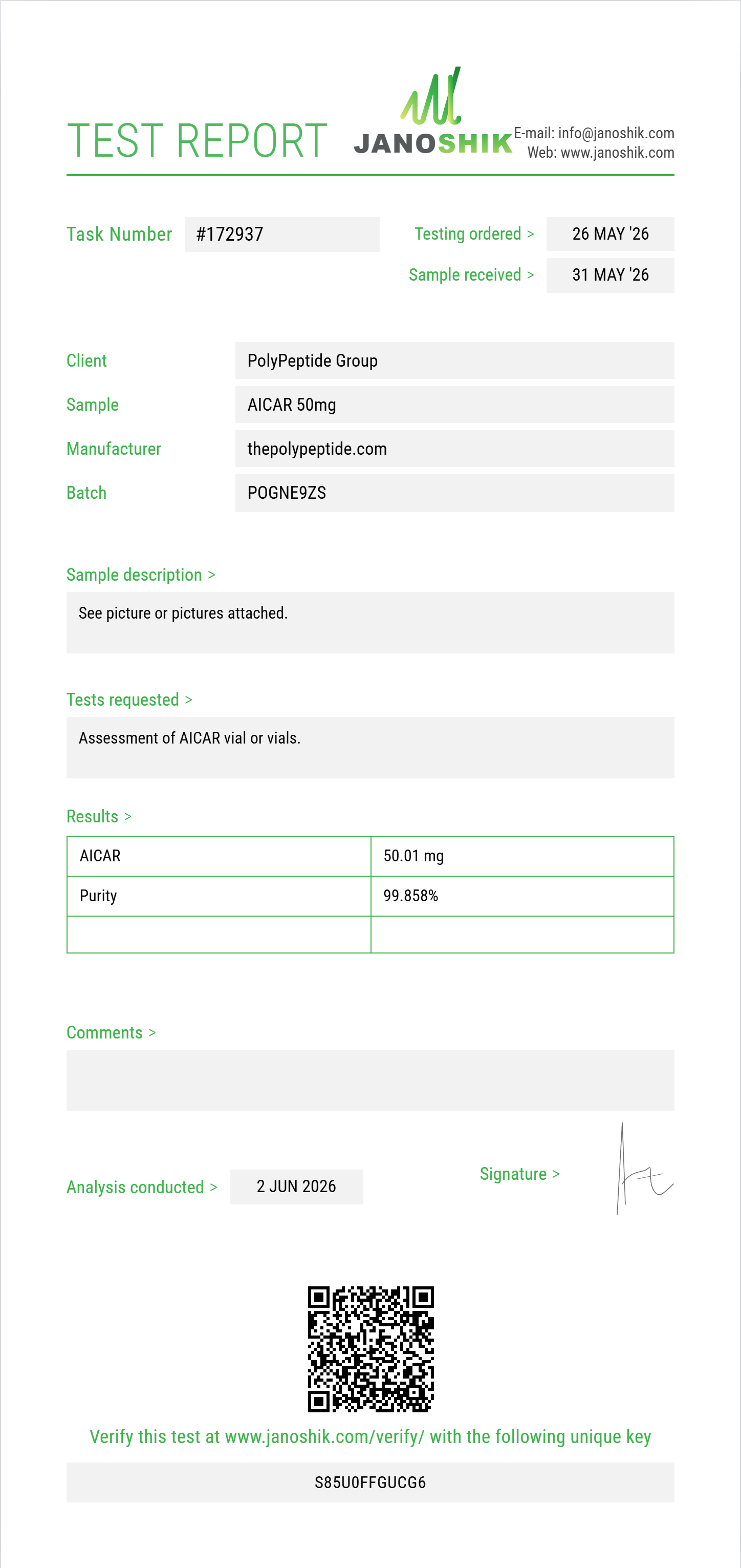 AICAR Purity (HPLC) report by Janoshik Analytical