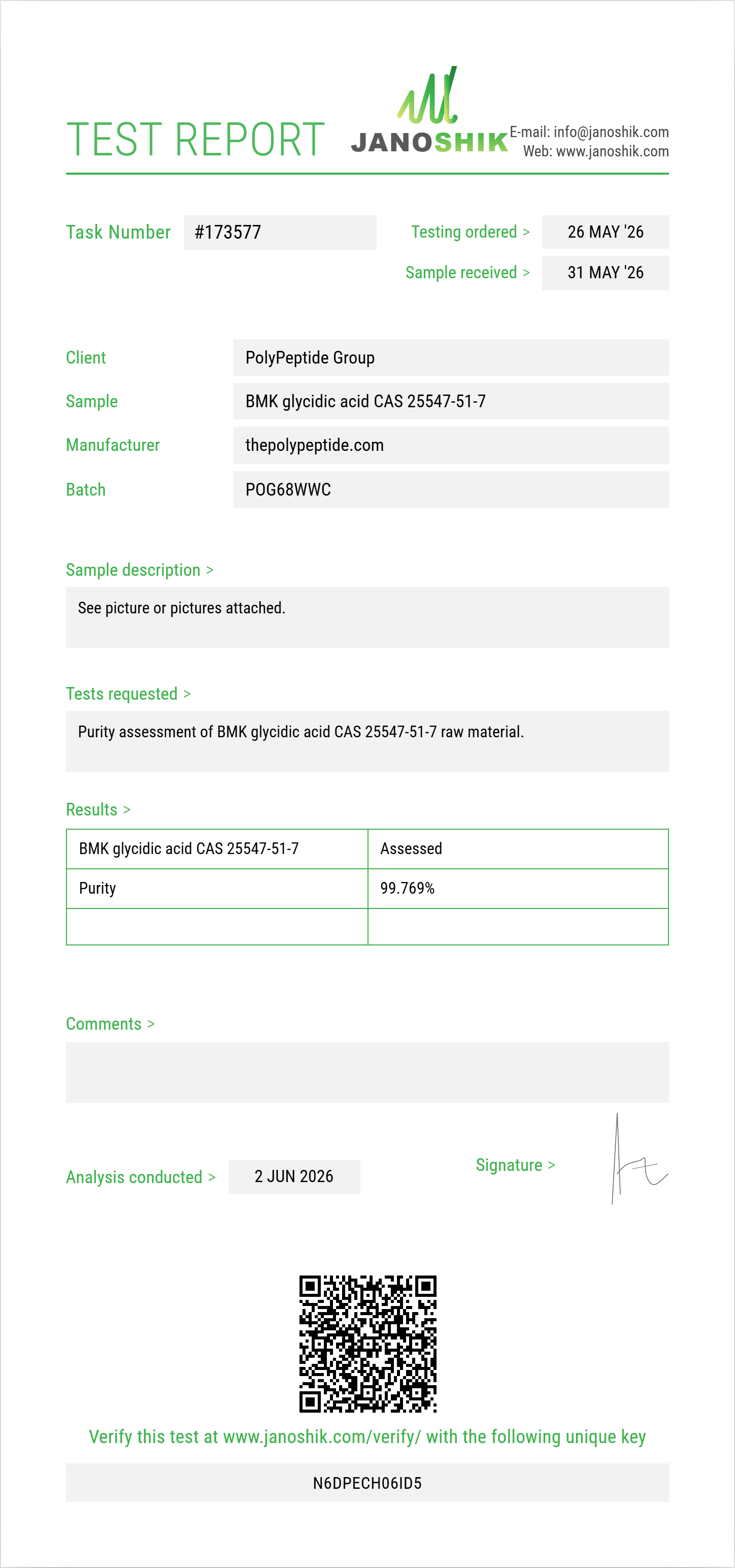 BMK glycidic acid (free acid) CAS 25547-51-7 Purity (HPLC) report by Janoshik Analytical