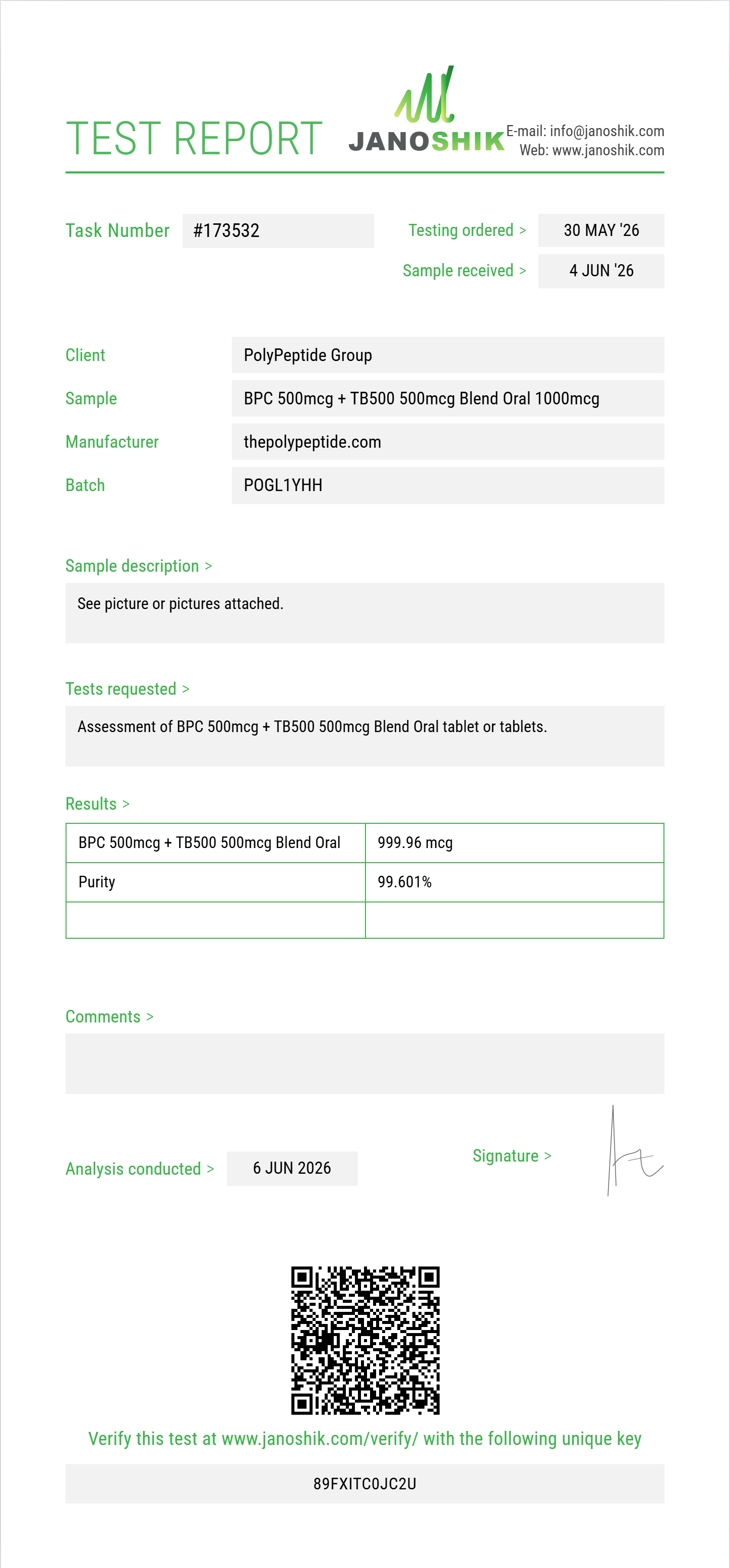 BPC 500mcg + TB500 500mcg Blend Oral Purity (HPLC) report by Janoshik Analytical