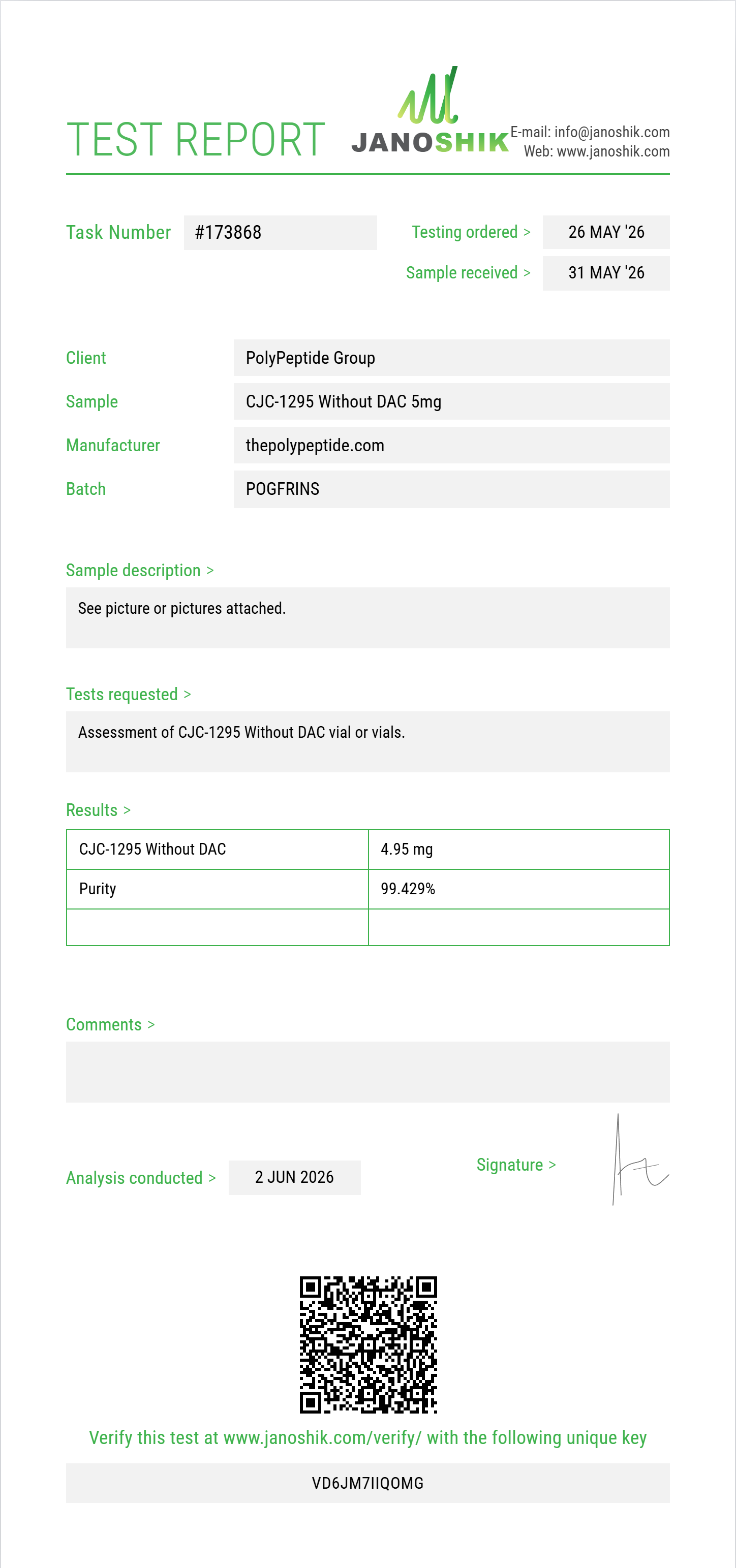 CJC-1295 Without DAC Purity (HPLC) report by Janoshik Analytical
