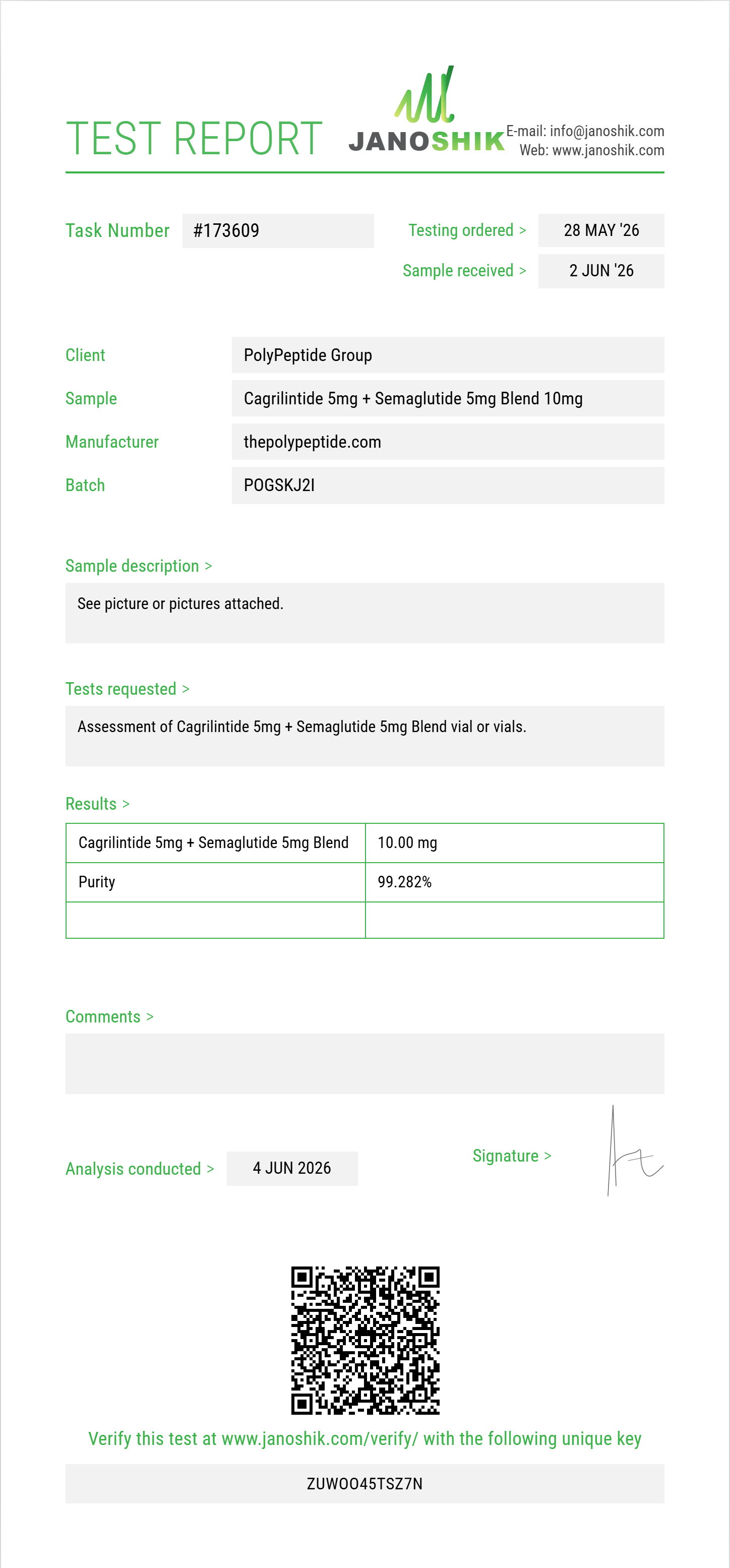 Cagrilintide 5mg + Semaglutide 5mg Blend Purity (HPLC) report by Janoshik Analytical