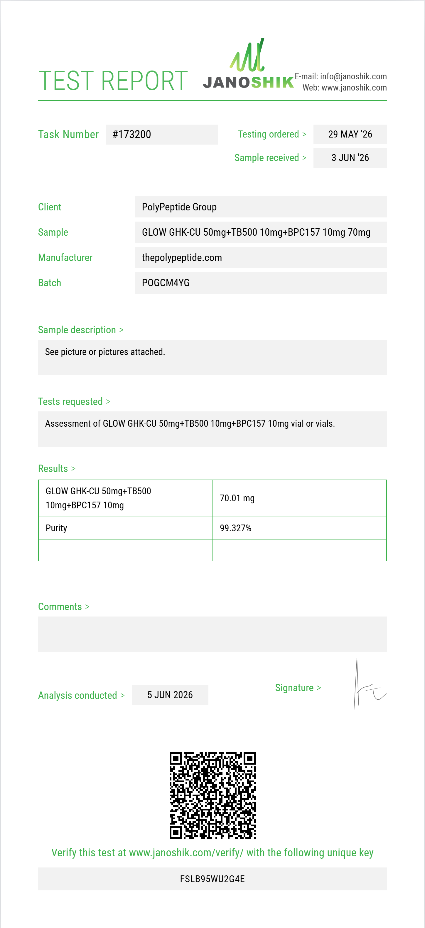 GLOW GHK-CU 50mg+TB500 10mg+BPC157 10mg Purity (HPLC) report by Janoshik Analytical