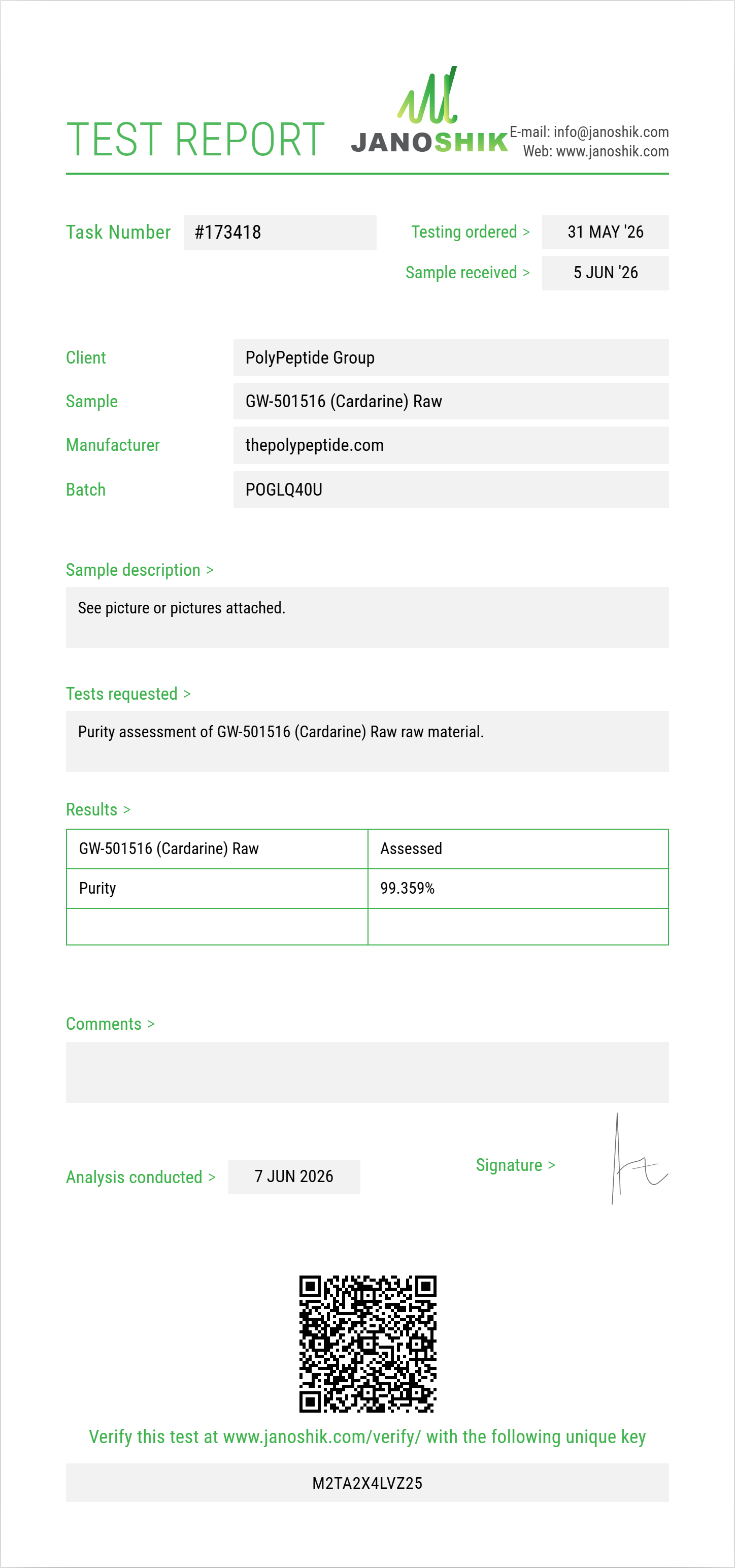 GW-501516 (Cardarine) Raw Purity (HPLC) report by Janoshik Analytical