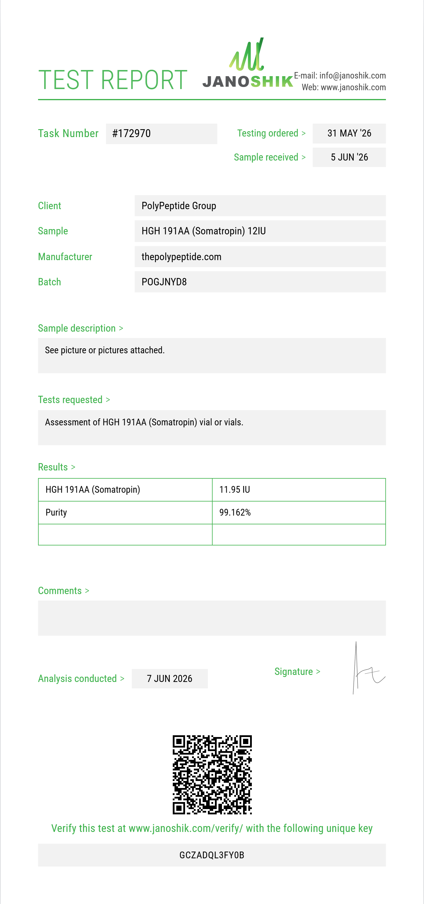 HGH 191AA (Somatropin) Purity (HPLC) report by Janoshik Analytical