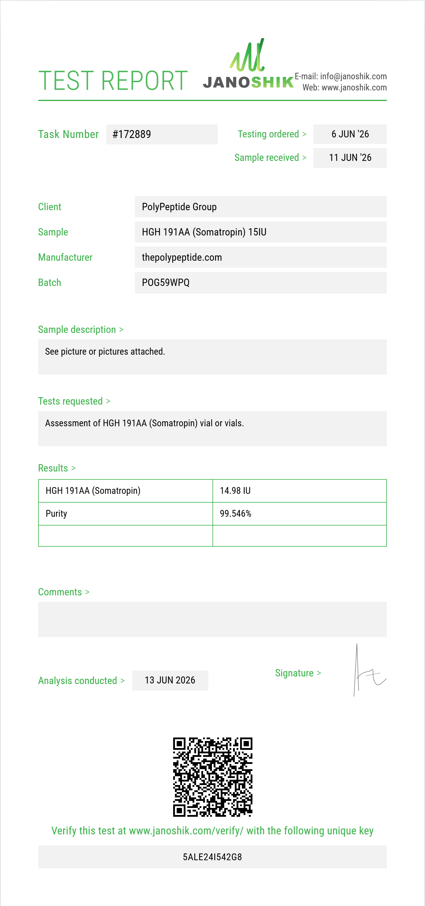 HGH 191AA (Somatropin) Purity (HPLC) report by Janoshik Analytical