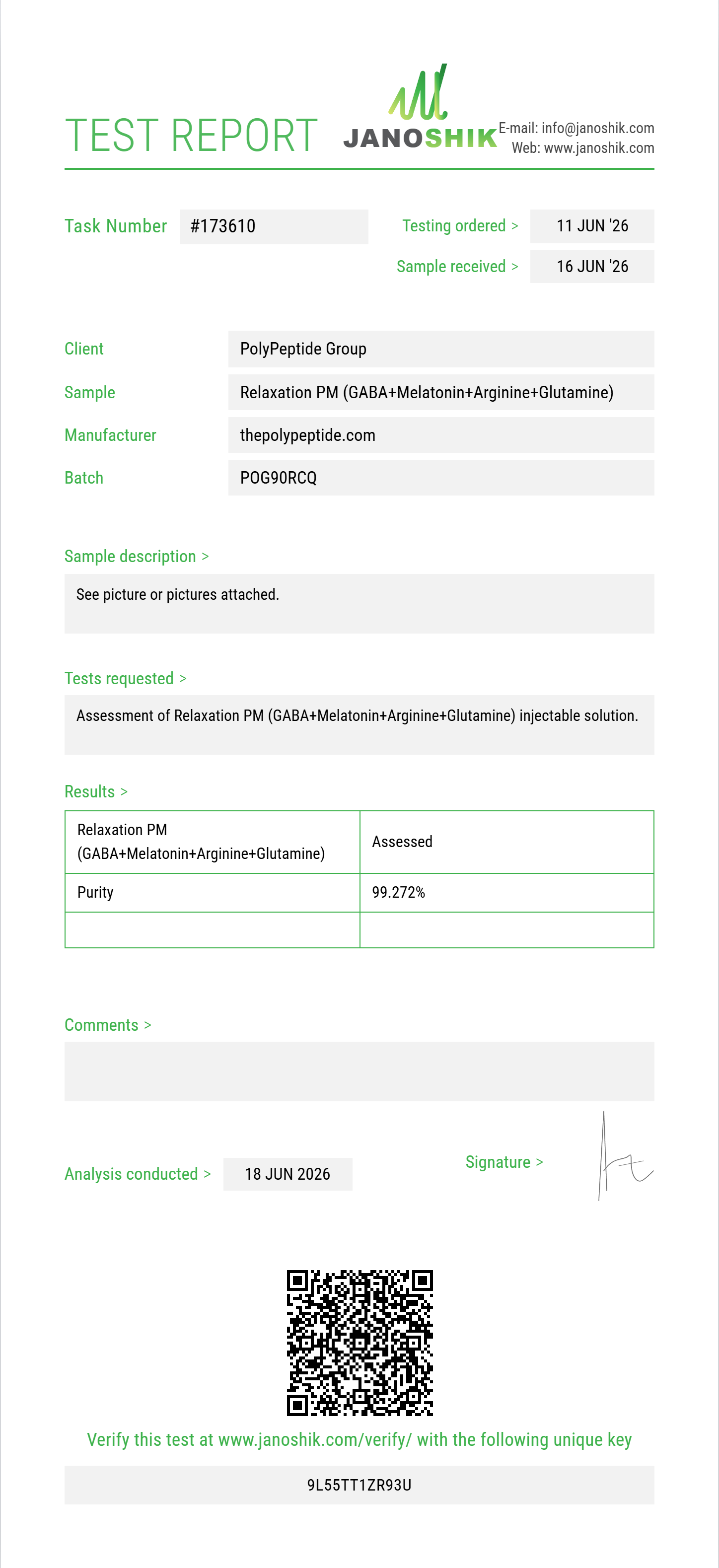 Relaxation PM (GABA 100mg+Melatonin 1mg+Arginine 100mg+Glutamine 25mg) Purity (HPLC) report by Janoshik Analytical