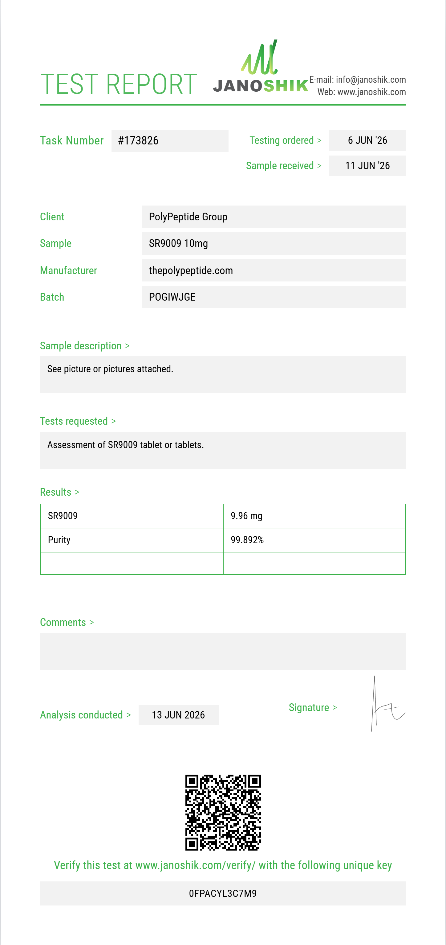 SR9009 Purity (HPLC) report by Janoshik Analytical