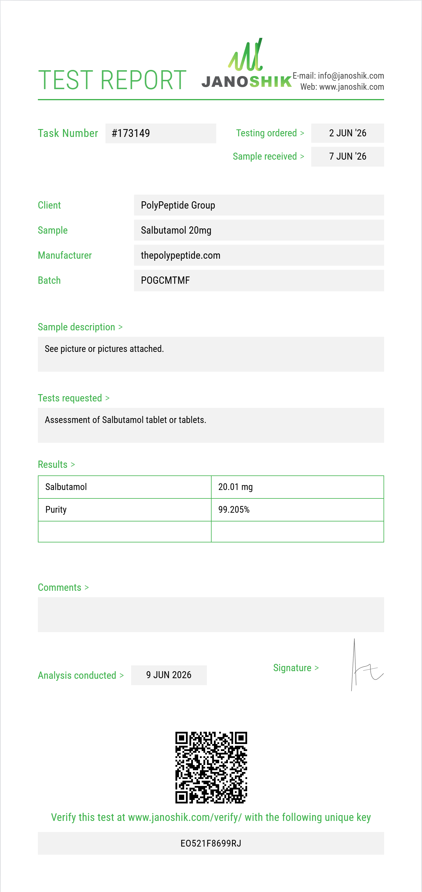 Salbutamol Purity (HPLC) report by Janoshik Analytical