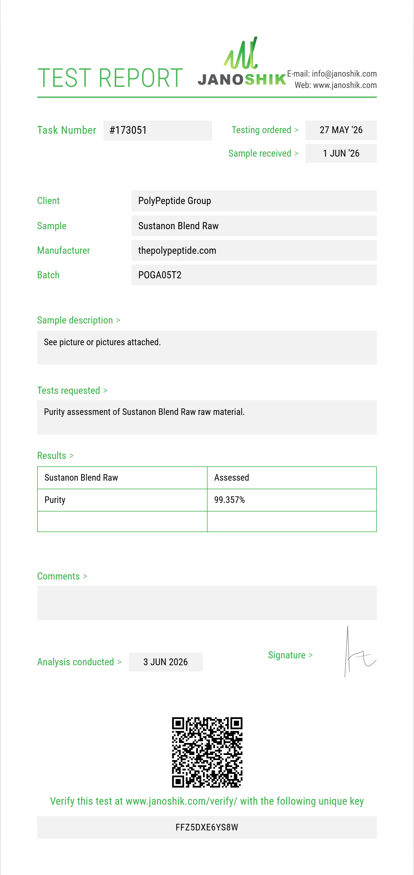 Sustanon Blend Raw Purity (HPLC) report by Janoshik Analytical
