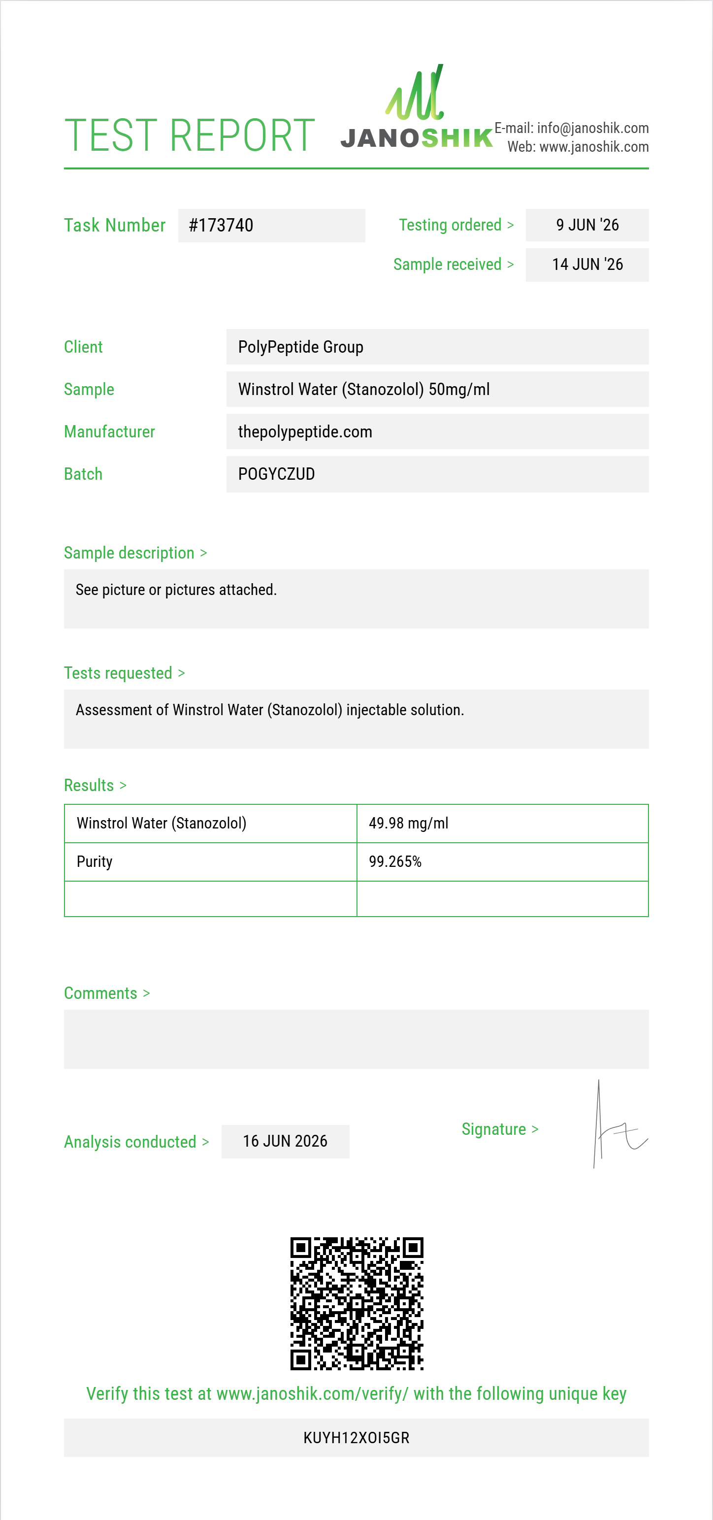 Winstrol Water (Stanozolol) Purity (HPLC) report by Janoshik Analytical