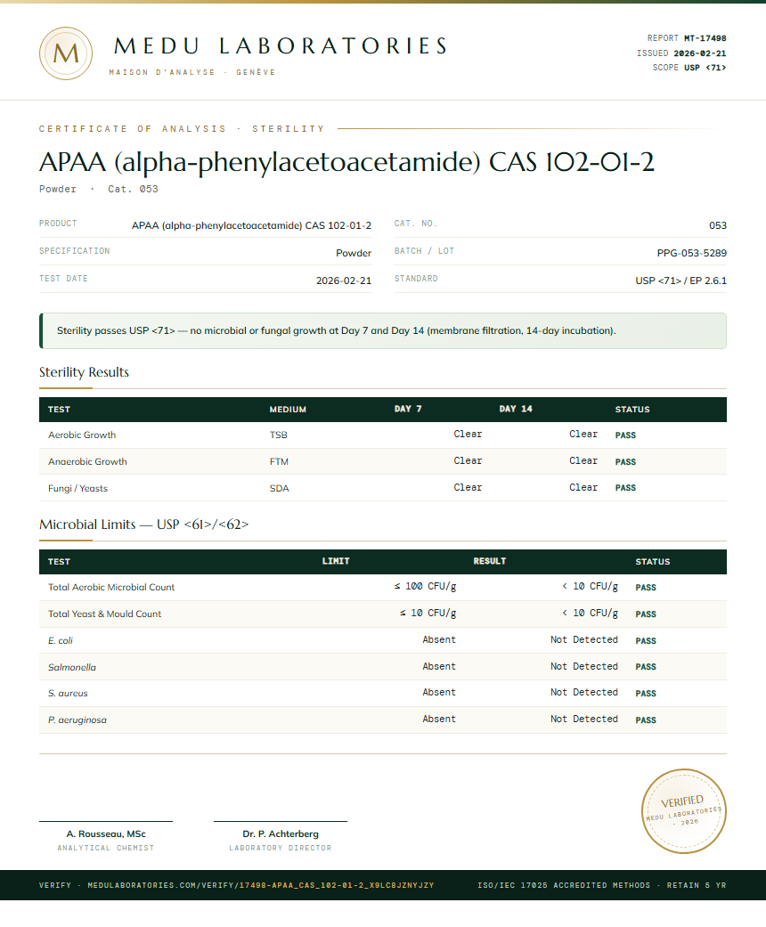 APAA (alpha-phenylacetoacetamide) CAS 102-01-2 Sterility report by Medu Laboratories