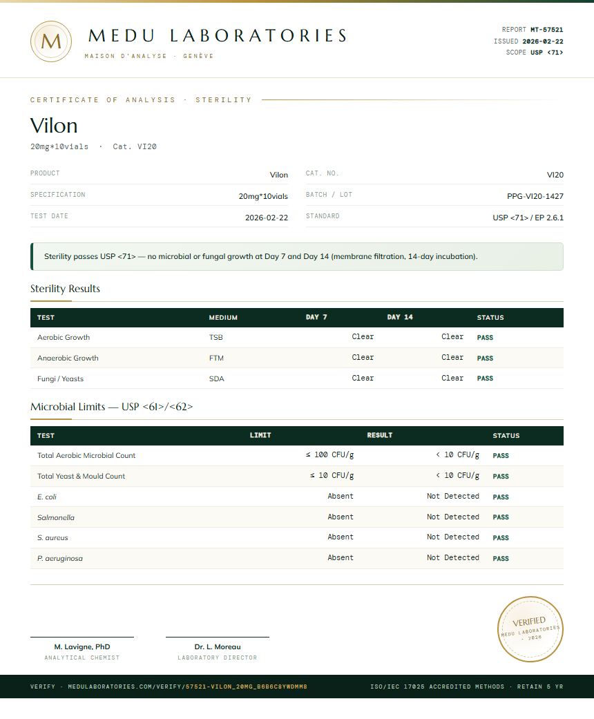 Vilon Sterility report by Medu Laboratories