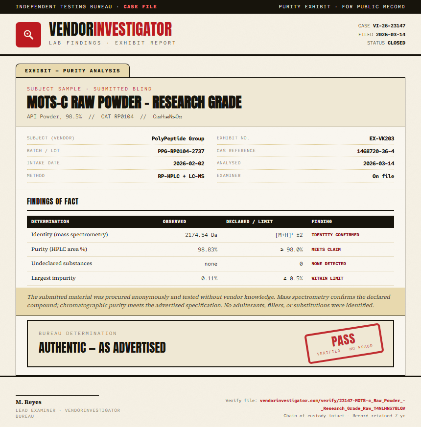 MOTS-c Raw Powder - Research Grade Purity (HPLC) report by VendorInvestigator