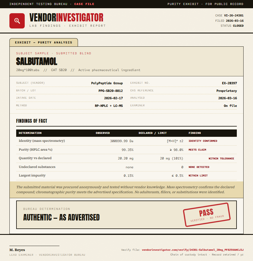 Salbutamol Purity (HPLC) report by VendorInvestigator