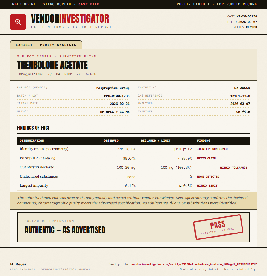 Trenbolone Acetate Purity (HPLC) report by VendorInvestigator