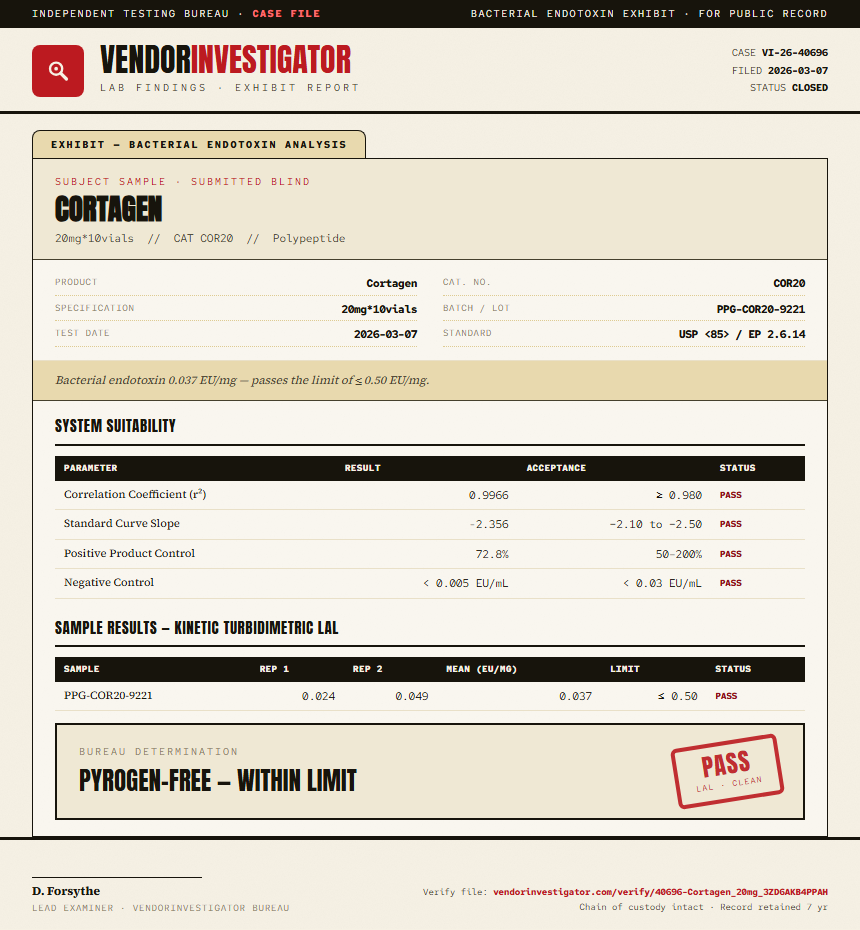 Cortagen Endotoxin report by VendorInvestigator
