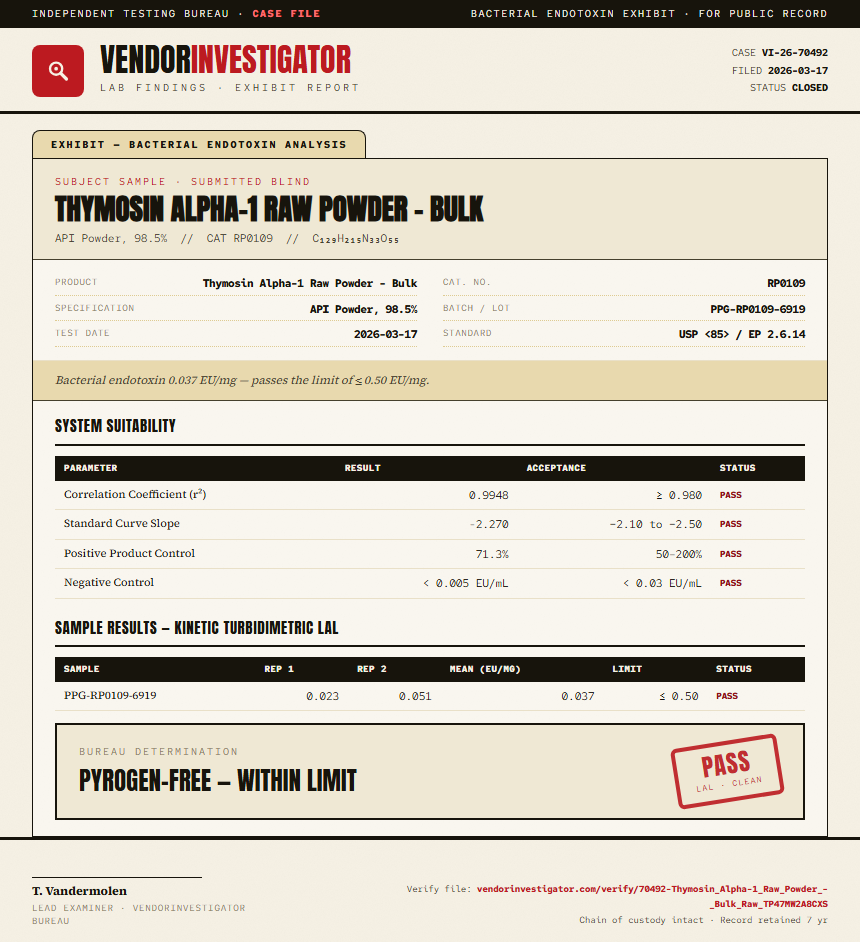 Thymosin Alpha-1 Raw Powder - Bulk Endotoxin report by VendorInvestigator