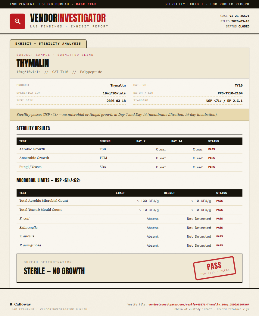 Thymalin Sterility report by VendorInvestigator